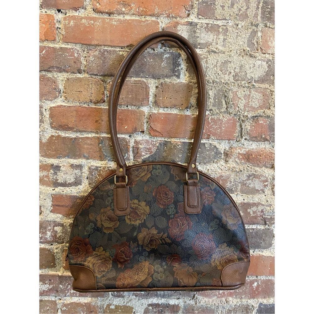 SUN Rose Floral Print Black Faux Leather Brown ‘Gator Trim Shoulder Bag